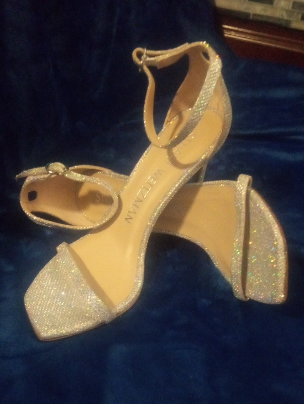 Stuart Weitzman Glitter Ankle Strap Heels in Champagne